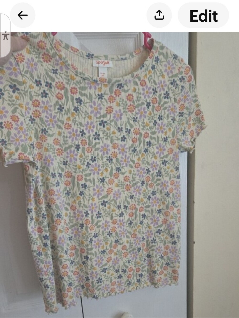 Cat & Jack Cream Floral Ribbed Short Sleeve Top